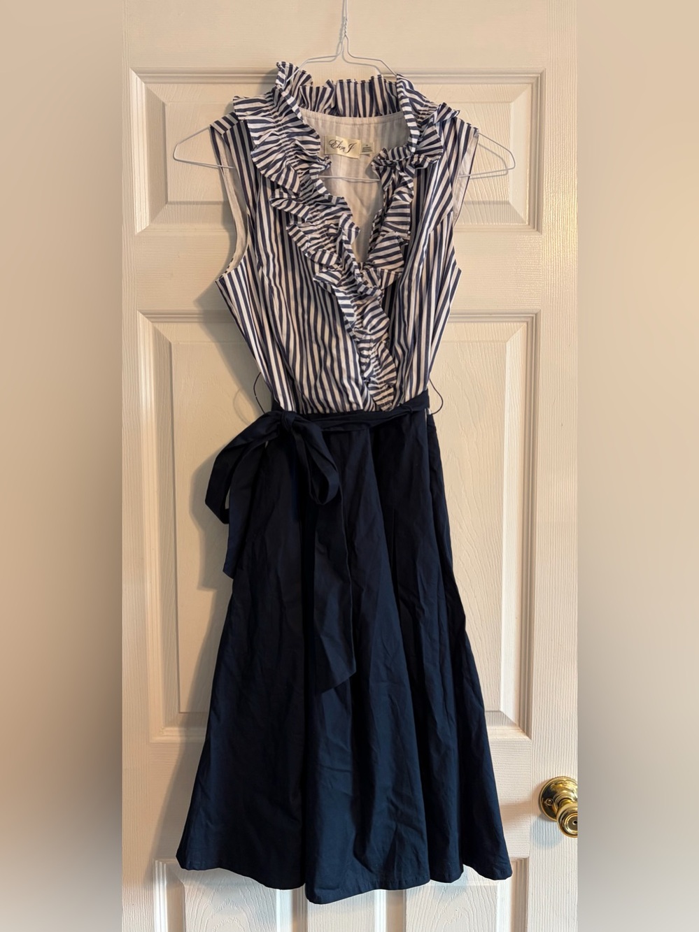 Eliza J Striped Ruffle Midi Dress Size 10 Navy Blue White Cotton Blend Belted